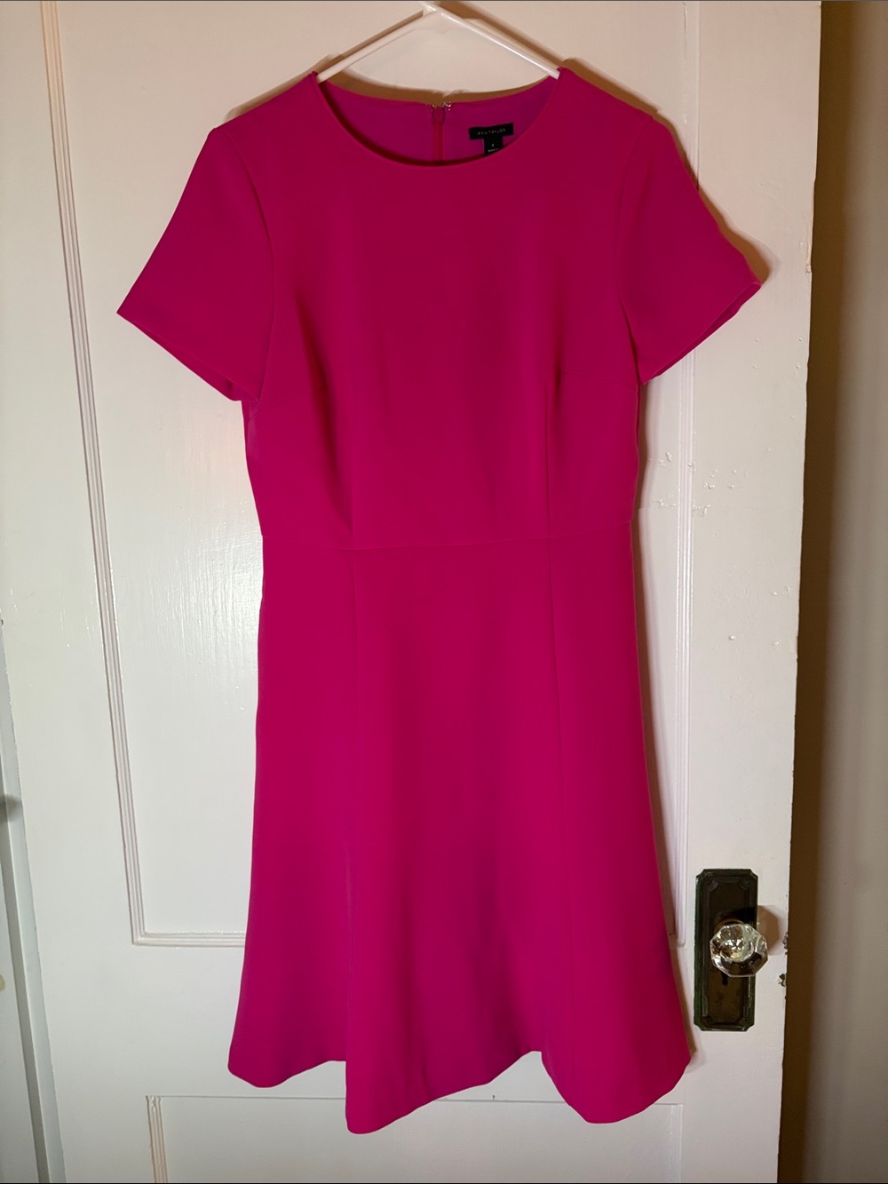 Ann Taylor Hot Pink Short-Sleeve Midi Fit-and-Flare Dress